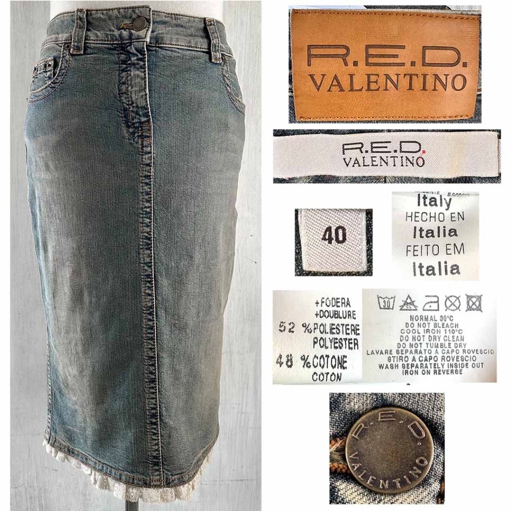 RED Valentino IT 40 US 2-4 Cotton Stretch Denim 5 pocket Skirt Lace Trim EUC